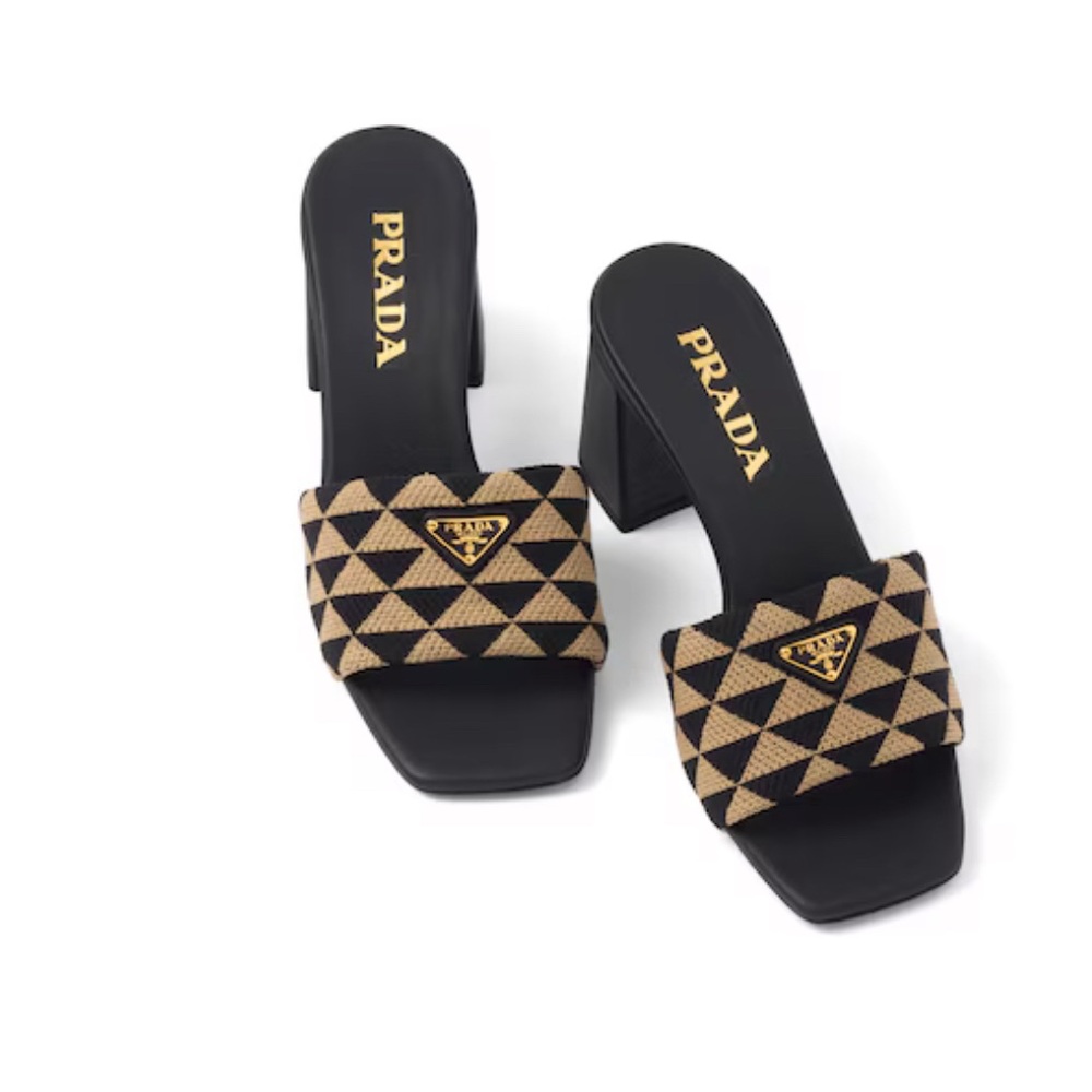 Women’s Black and Gold Prada embroidered fabric Block Heel unworn brand new